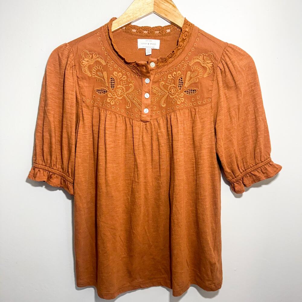 Lucky Brand Boho Embroidered Henley Top Rust Orange Short Sleeve XS